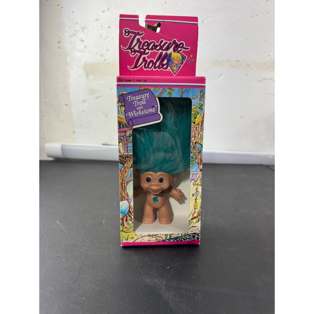 Vintage Ace Novelty Treasure Troll Teal Hair Heart Wishstone New in Box 90s Toy